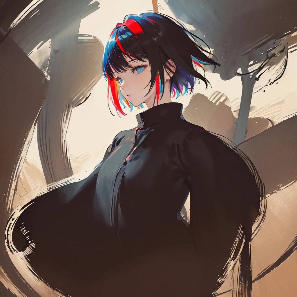 (masterpiece, best quality:1.3), (flat color:1.3),(colorful:1.3),looking at viewer,1woman,shorthair,solo,in the forest,floating colorful wind,(2D:1.3)