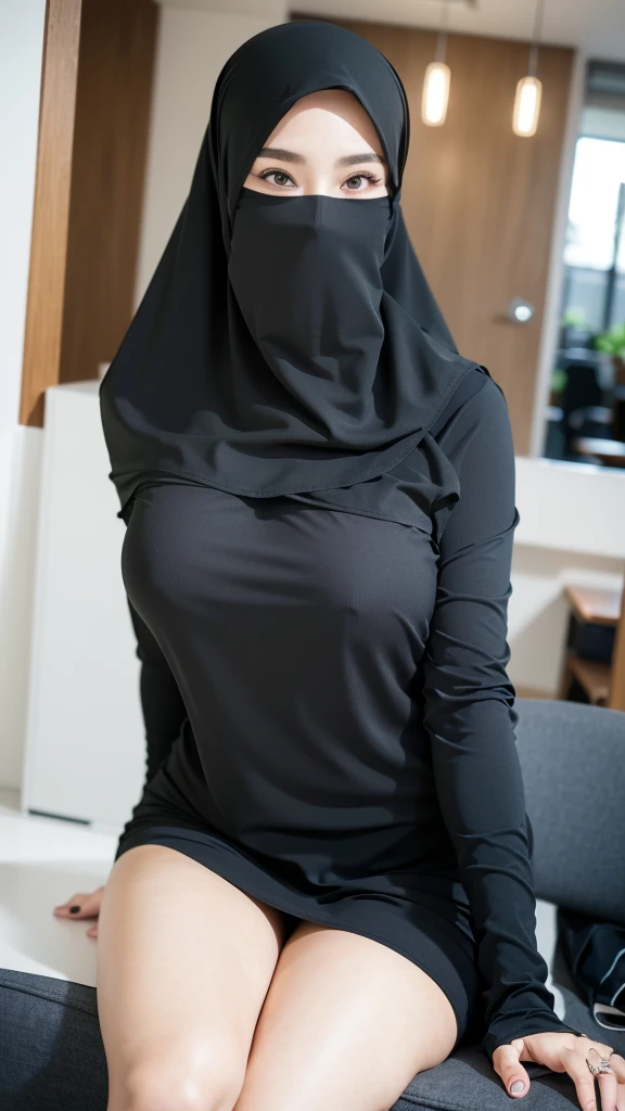 8K, high quality, nice lighting, soft lighting, realistic, dark eyes, sexy, big breasts, thighs, wide hips, muscular, malaysia, black dress, long sleeves, Jewelry, sexy lady, asian, hijab, niqab, sexy pose, in office, showing big thighs, nice body, natural largest breast, wearing wedding rings, hand sock, office girl
