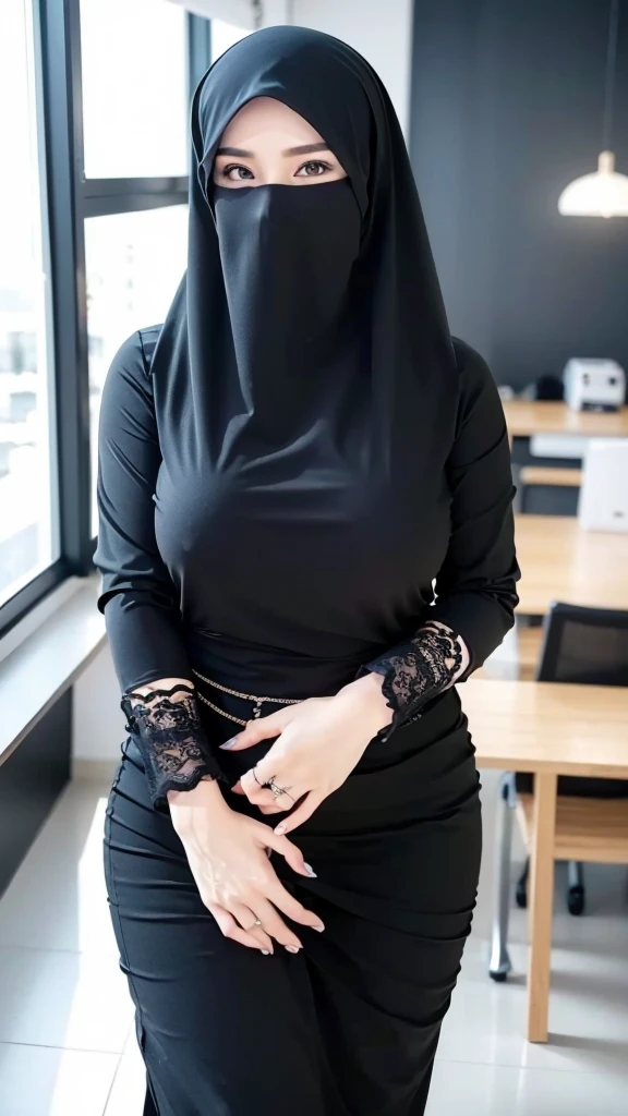 8K, high quality, nice lighting, soft lighting, realistic, dark eyes, sexy, big breasts, thighs, wide hips, muscular, malaysia, black dress, long sleeves, Jewelry, sexy lady, asian, hijab, niqab, sexy pose, in office, showing big thighs, nice body, natural largest breast, wearing wedding rings, hand sock, office girl
