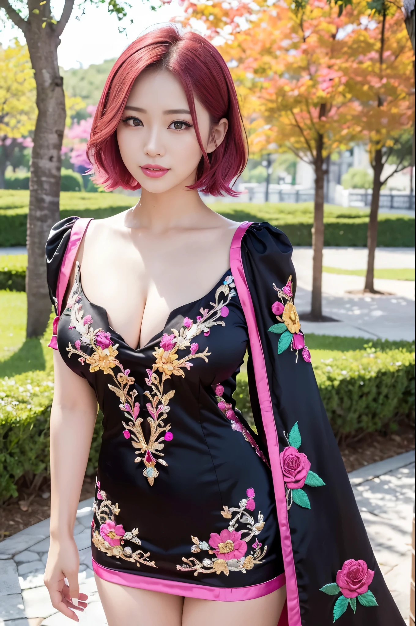 (masterpiece:1.4), (best quality:1.4), ultra high res, ultra high resolution, ((detailed facial features)), HDR, (realistic, photorealistic, photo-realistic:1.37), full body Esbian, sexy Vietnamese model, (-anime), vivid colors, ((vivid colors multicolor (red, pink, fuchsia) very short hair)), (happy smile), lip-gloss, long lashes, defined eyebrows, wearing large sparkling colorful jewelery, wearing a red silk Paradise Kiss cosplay dress with black floral embroidery, ((vivid colors outfit)), vivid colors, look at the camera, cinematic light, large park background with trees, sweet and sexy pose