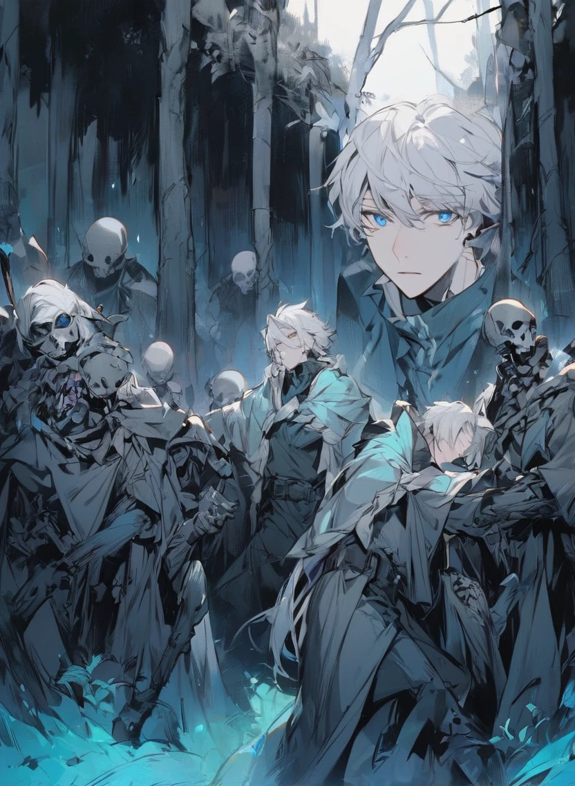 young man ,Male Dark, dark Woods, cold colors, man white hair with blue eye, Warlock dnd , Skeleton army in background, calm face expression