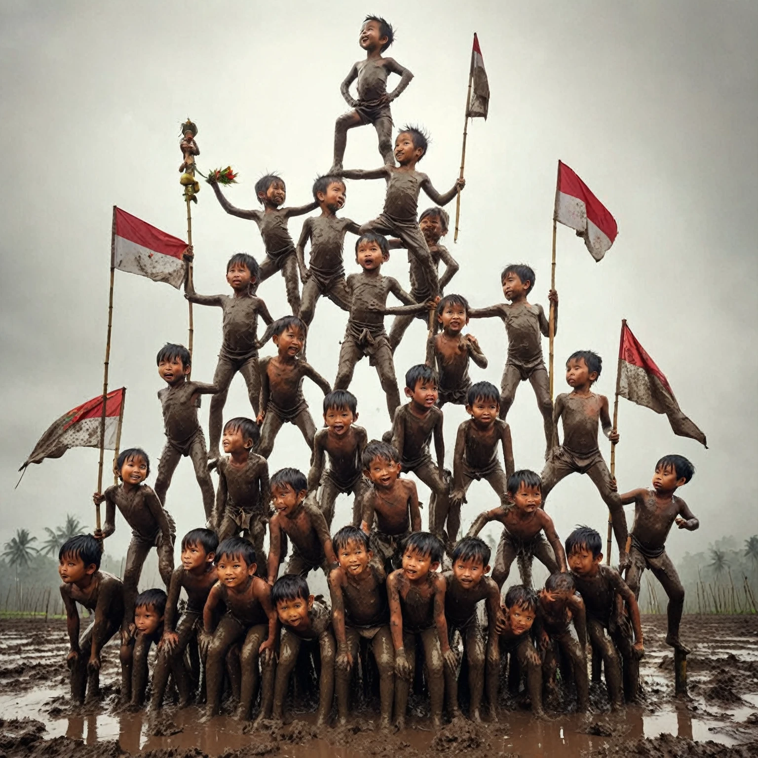 there are many children standing on top of each other in a mud field, with their faces and bodies full of mud and oil, they are looking at the camera, doing majestic poses, holding Indonesian flags, climbing areca nut, fighting over lots of gifts on bamboo poles, many legs, very artistic poses, cute and adorable, tower, eye-catching, masterpiece, strong pose,