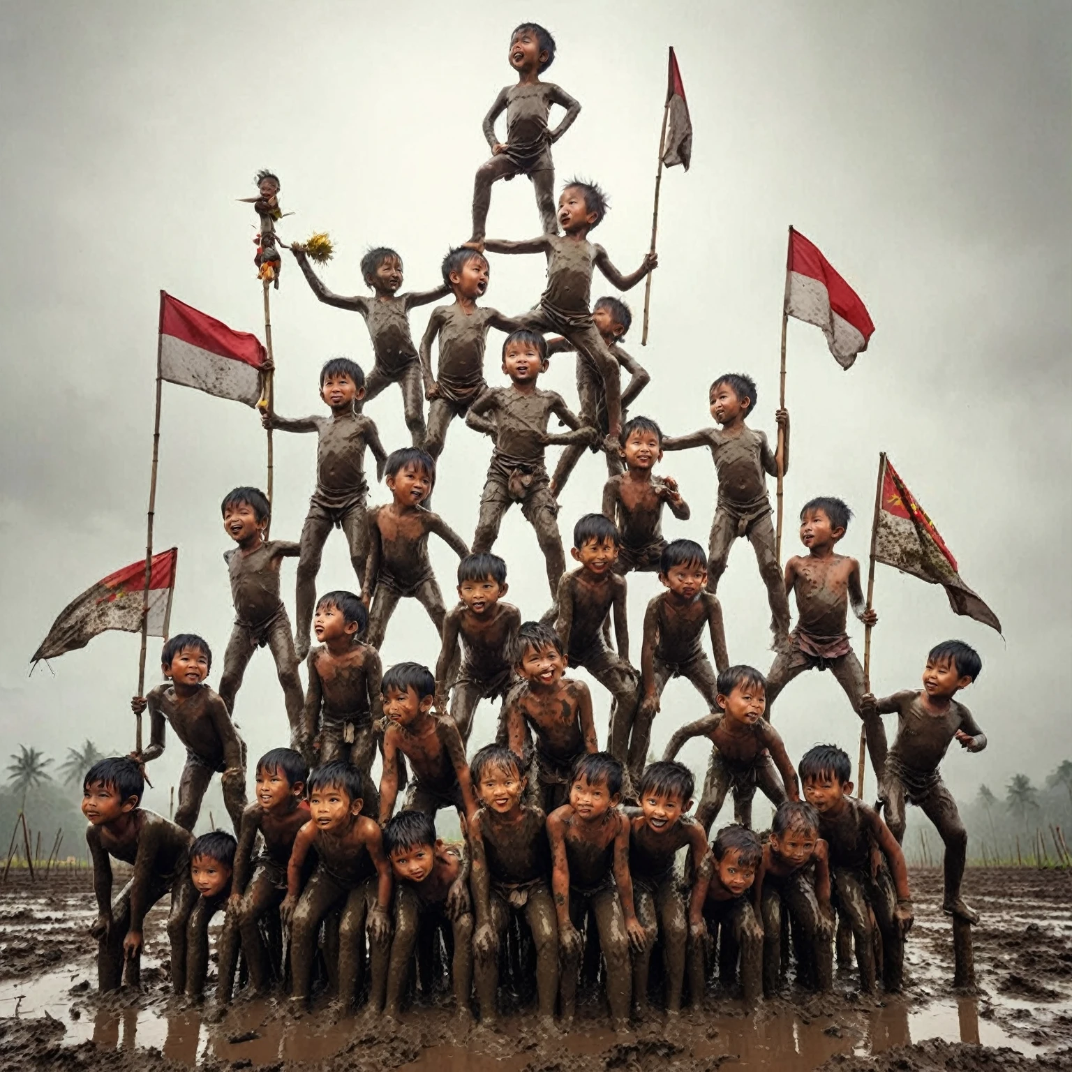 there are many children standing on top of each other in a mud field, with their faces and bodies full of mud and oil, they are looking at the camera, doing majestic poses, holding Indonesian flags, climbing areca nut, fighting over lots of gifts on bamboo poles, many legs, very artistic poses, cute and adorable,  tower, eye-catching, masterpiece, strong pose,