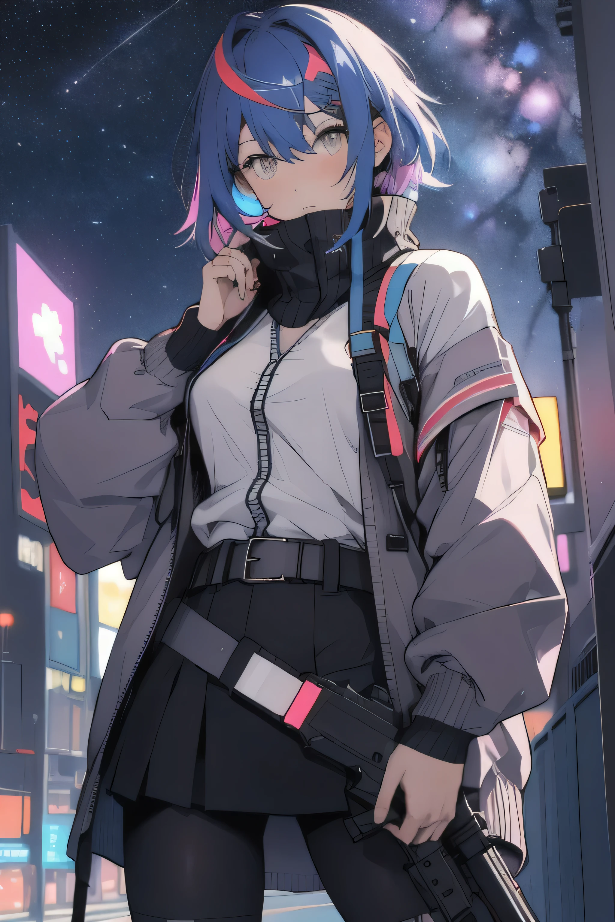 portrait, 1 girl, Pretty Face, Asymmetrical hair, Multi-colored hair, belt, Tights, Cover your mouth, whole body, Separate sleeves, Gray eyes, - Hip vents, Armed with a gun, Cardigan jacket, Lovely, View Viewer, Starry Sky, neon, 