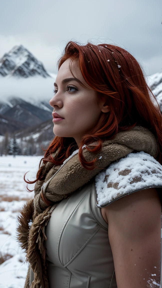 (Highest quality, Ultra HD, 16k, Masterpiece) Red Sonja, the fierce and legendary warrior, stands near a towering, snow-capped mountain. The shot is a close-up, capturing the intensity and determination in her eyes. Her iconic armor is fully visible, with a thick, fur-lined cloak draped over her shoulders to protect against the cold. The rest of her costume remains the same, showcasing her strong and battle-ready appearance. Her long, fiery red hair cascades down her back and shoulders, contrasting sharply with the white snow around her. She holds a sword firmly in one hand, the blade gleaming with a cold, metallic shine. Her expression is one of focus and resilience, her piercing eyes scanning the rugged terrain ahead. The background features the majestic, snow-covered mountain, with the serene, almost ethereal quality of a winter landscape. The lighting is soft, capturing the subtle hues of the snow and the gentle glow of the sun over the mountains. The overall composition highlights Red Sonja's powerful presence and the harsh, beautiful environment she inhabits. This image captures the essence of a lone warrior standing strong against the elements, exuding strength and determination amidst the tranquil yet formidable landscape