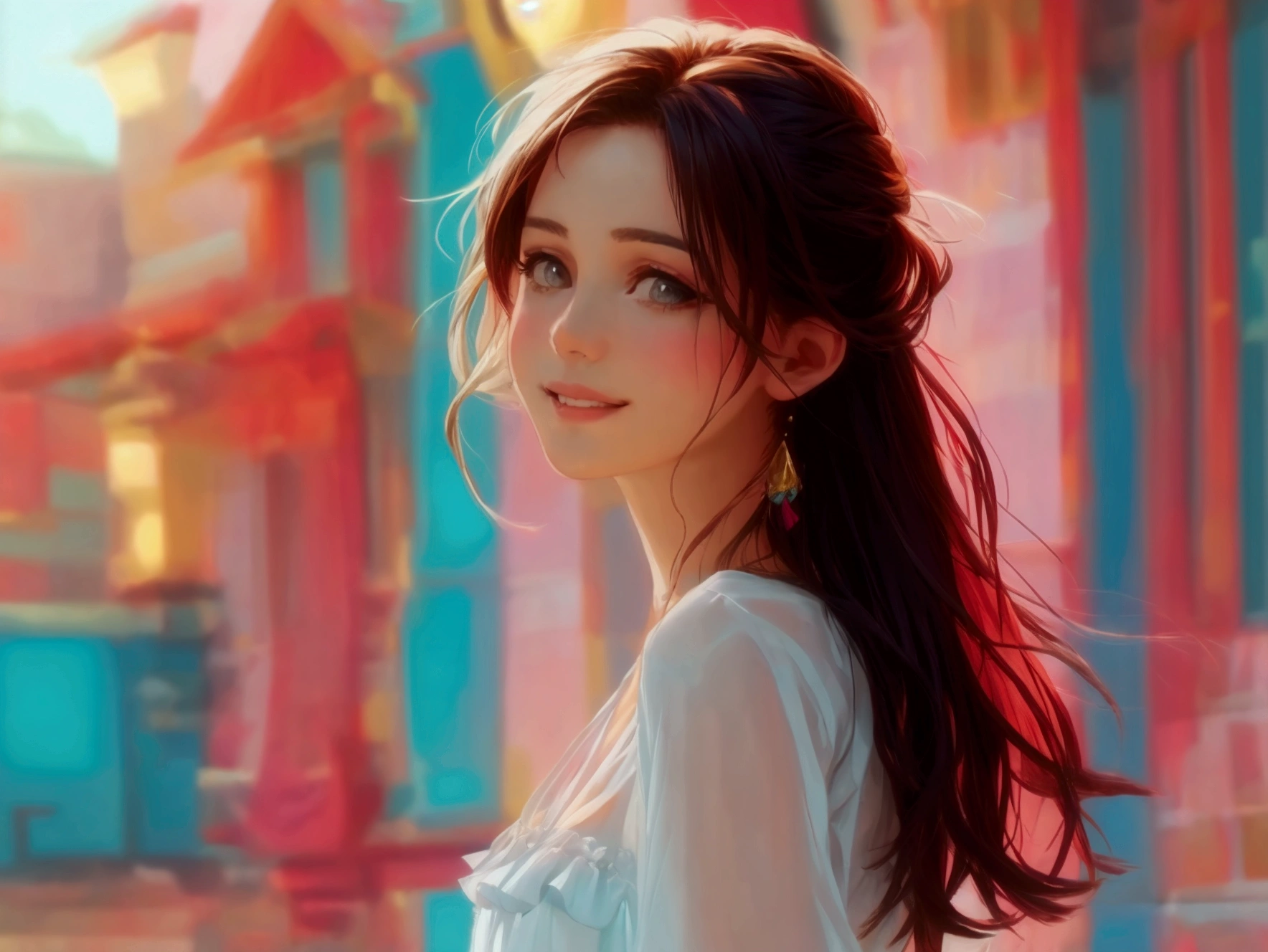 Beautiful woman, White blouse, Pink Skirt, outside of home, Walking,Disheveled long hair, Very well, A cheerful smile, View from the side, Long Shot, Ultra HD, Realistic, Bright colors, Attention to detail, UHD rendering, Perfect composition,