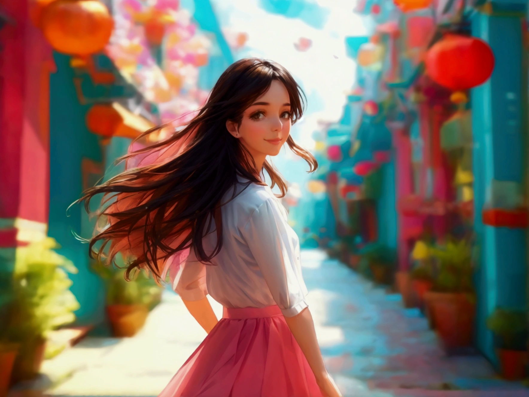 Beautiful woman, White blouse, Pink Skirt, outside of home, Walking,Disheveled long hair, Very well, A cheerful smile, View from the side, Long Shot, Ultra HD, Realistic, Bright colors, Attention to detail, UHD rendering, Perfect composition,