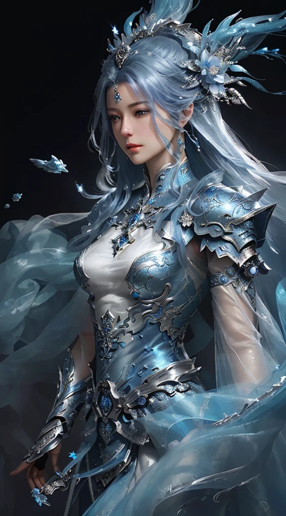 a close up of a woman in a silver and blue dress, chengwei pan on artstation, by Yang J, detailed fantasy art, stunning character art, fanart best artstation, epic exquisite character art, beautiful armor, extremely detailed artgerm, detailed digital anime art, artgerm on artstation pixiv, armor girl