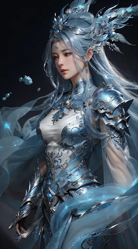 a close up of a woman in a silver and blue dress, chengwei pan on artstation, by Yang J, detailed fantasy art, stunning character art, fanart best artstation, epic exquisite character art, beautiful armor, extremely detailed artgerm, detailed digital anime art, artgerm on artstation pixiv, armor girl