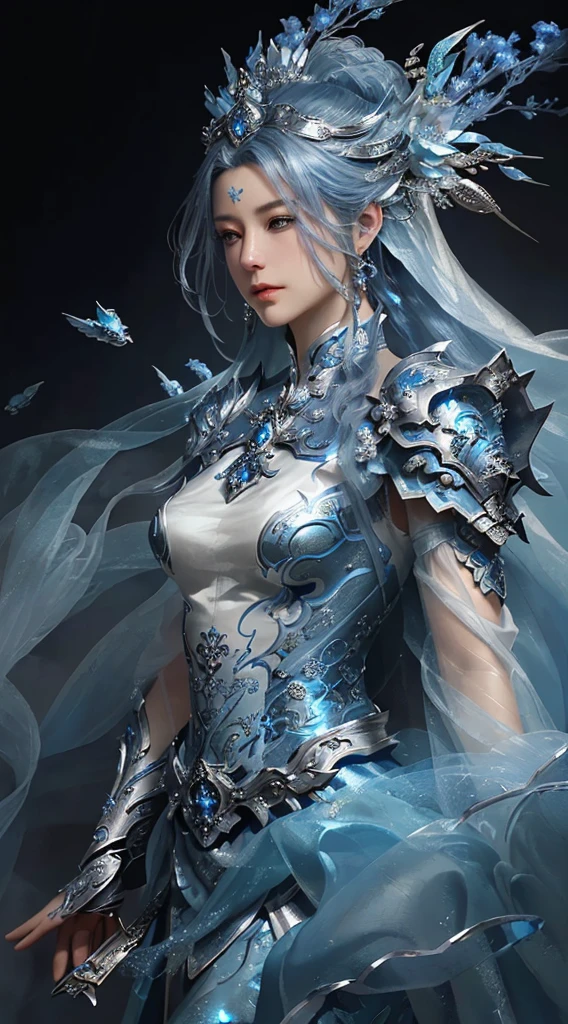 a close up of a woman in a silver and blue dress, chengwei pan on artstation, by Yang J, detailed fantasy art, stunning character art, fanart best artstation, epic exquisite character art, beautiful armor, extremely detailed artgerm, detailed digital anime art, artgerm on artstation pixiv, armor girl