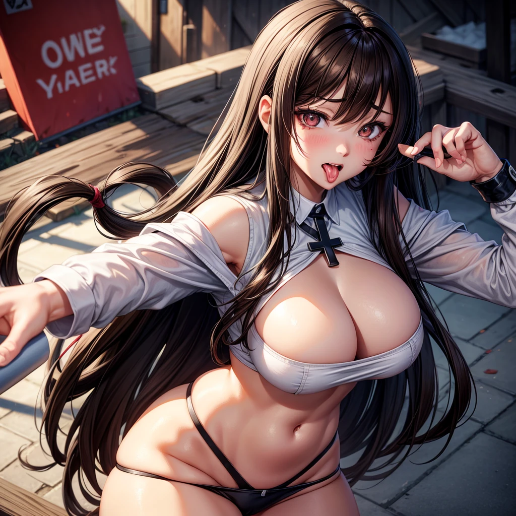 long dark hair / big tits / brown eye / naughty face, rolling_eyes, cross-eyed, ahegao, open mouth, tongue out, best quality, 4K, masterpiece,