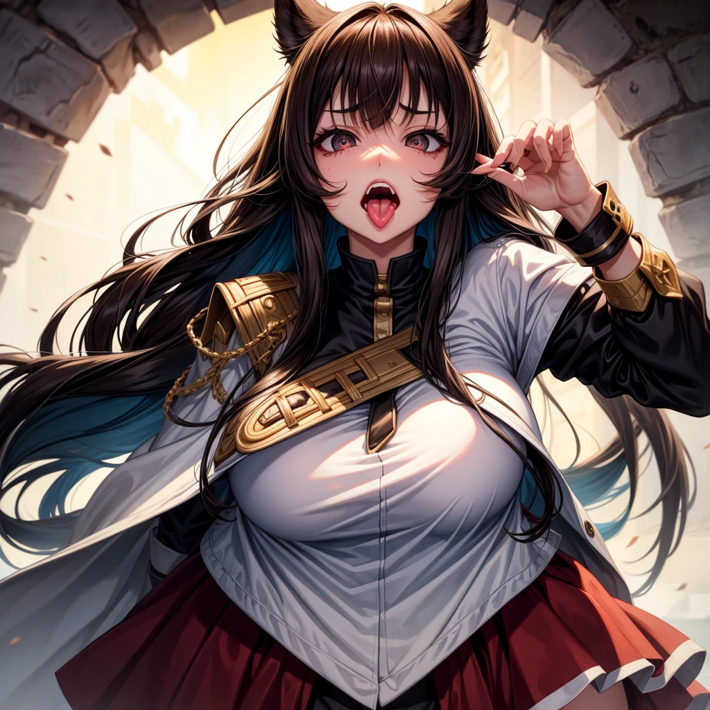 long dark hair / big tits / brown eye / naughty face, rolling_eyes, cross-eyed, ahegao, open mouth, tongue out, best quality, 4K, masterpiece,