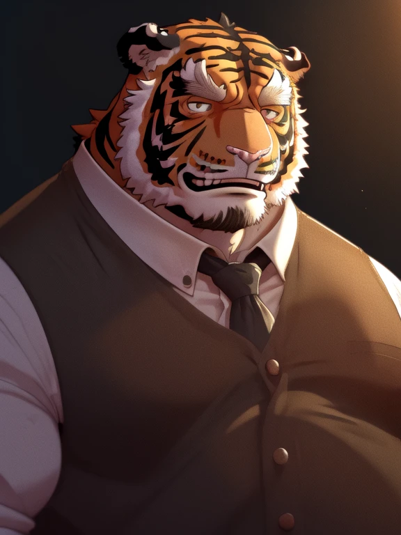 anthro, kemono, male, solo, (((tiger))), white eyebrows, simple background, mature, dirty worker clothes, anthro donkey, 4k, high resolution, best quality, posted on e621, solo, anthro body, male, adult, masculine, , correct anatomy, (by Bontiage:1), old, (cel shaded, cartoony shading:1.2), black lineart, black outline, portrait, (best quality, 4k, 8k, highres, masterpiece:1.2), ultra-detailed, portrait, cinematic lighting, dramatic shadows, moody lighting, gritty, rugged, muscular, grease stained, dirty, mucky, greasy, rough, mature, intense expression, piercing gaze.