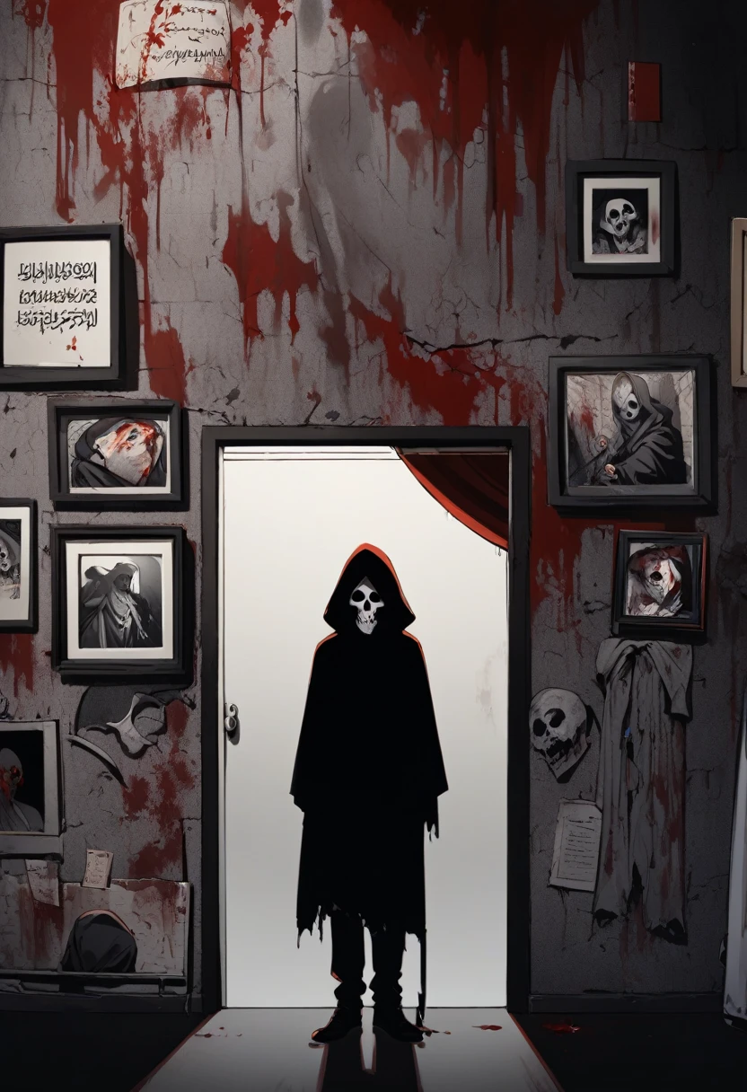 Dark room, picture of the grim reaper on the wall, blood, Arabic