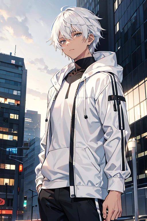 White hair, dark-skinned male, gray eyes, white hooded jacket, black shirt, black pants, city background.