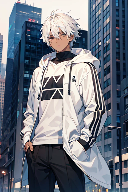 White hair, dark-skinned male, gray eyes, white hooded jacket, black shirt, black pants, city background.