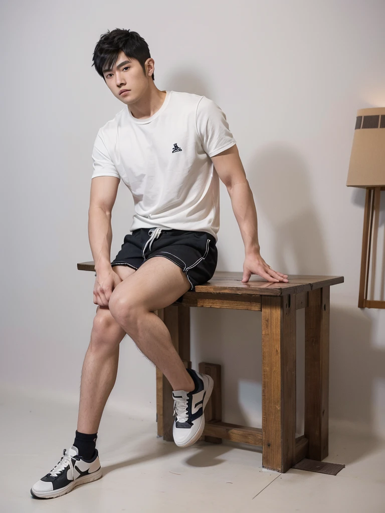 (super sharp focus), (Hairy legs), (((full body))), Japanese man, twenty years old, very short hair, Black Hair, Wearing shorts, sitting, Drawing of a muscular young man, The young man is a high school student with long bangs., Showing off her huge muscular round ass, Inspired by Cyril Rolland, Animation Art Wallpaper 4K, Beautiful illustrations with a delicate touch.