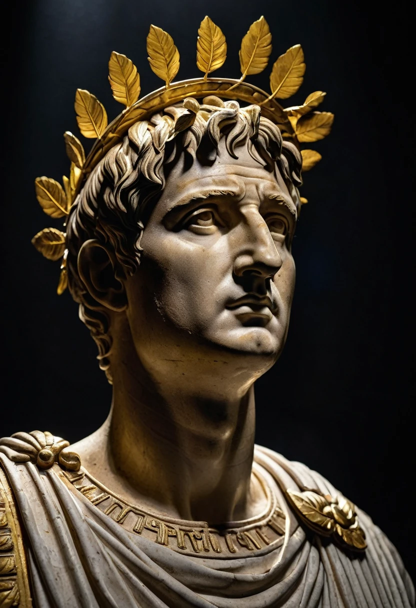 Full view of an Augustus Caesar roman statue with a golden Laurel Wreath on top of it's head, highlighted with a spotlight and dark background