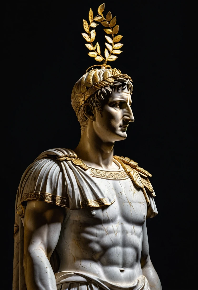 Full view of an Augustus Caesar roman statue with a golden Laurel Wreath on top of it's head, highlighted with a spotlight and dark background