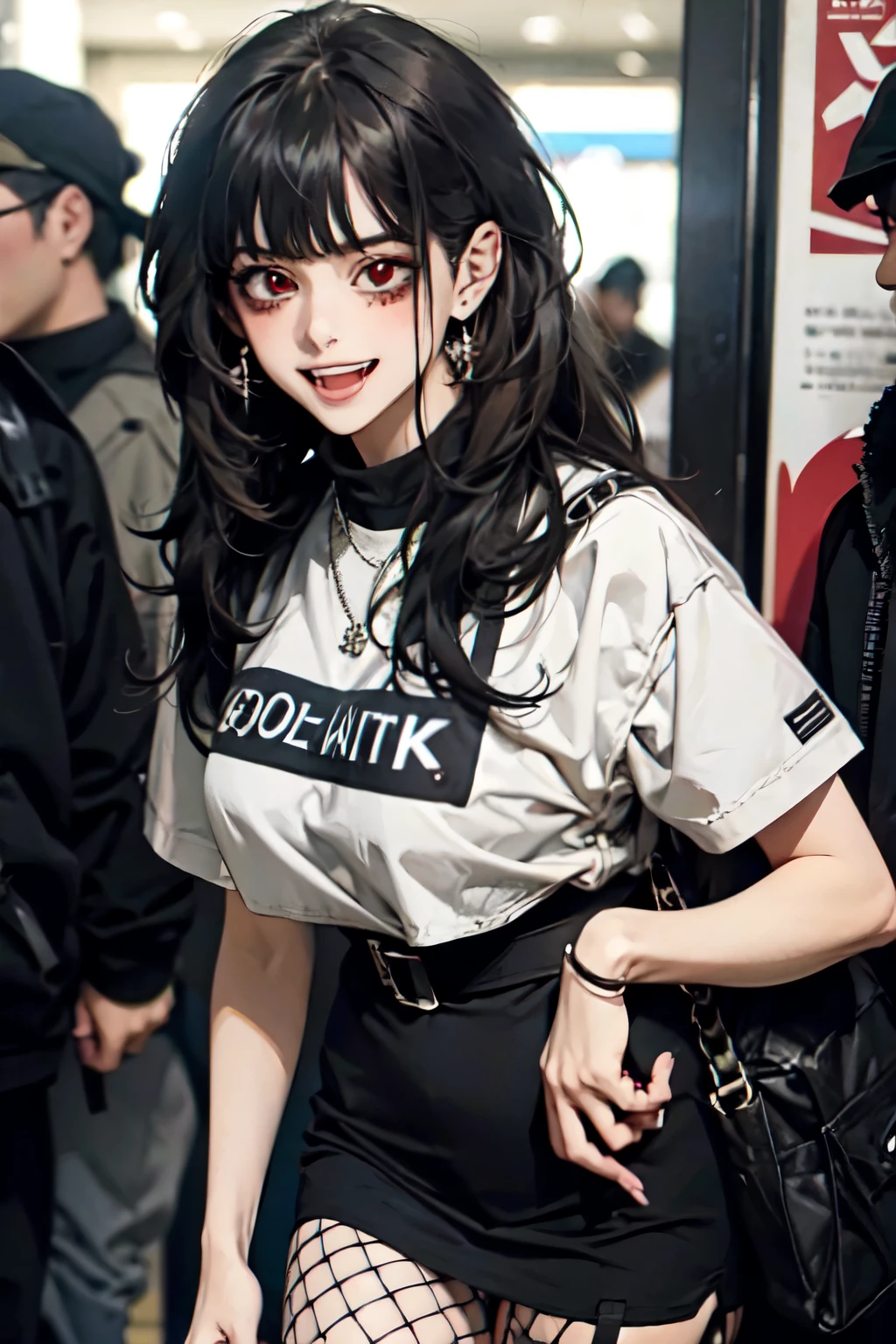 (masterpiece, best quality:1.2), 1girl, solo , emel , fishnet legwear , pantyhose , chain , hair bangs , midriff , black hair , red eyes  , , O-ring , thigh strap , leg belt , mall , indoors , crowded place , flower , , asymmetrical dress , smirk , grin , , teeth , smile , long hair , techwear outfit , jewellery , large breast , evil grin , open mouth , tongue out , licking , short sleeves , 