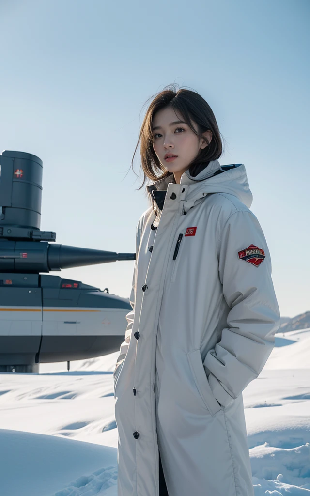 high resolution,High-resolution details,Ringworld,Science Fiction小说,Science Fiction,artillery,Long-range missiles,Adapted from《base》 ,Miss,aldult,main character,28 years old,Hopeful faces,Brown eyes,Short hairstyle,Black hair with white and gray,Home,White Researcher Coat,Open grassland,Rebellious,confusion的,future world,Socialist World,snow,confusion