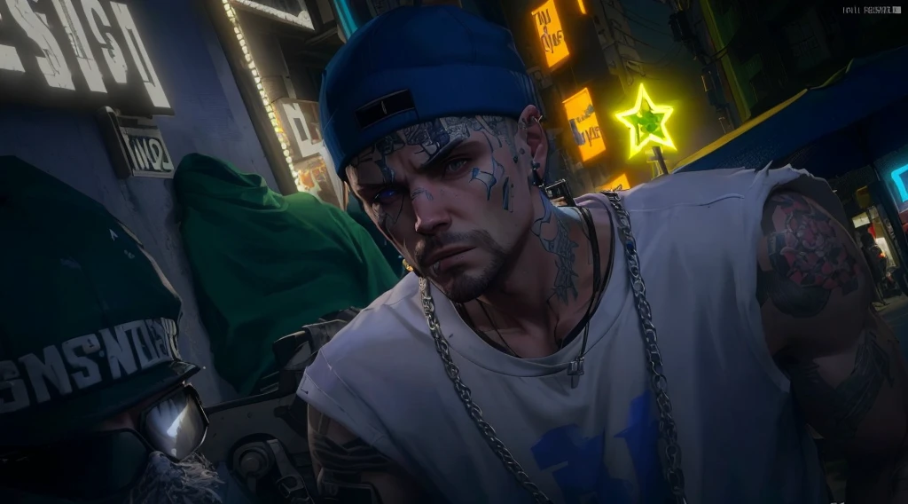 there is a man with a blue hat and a chain around his neck, gta character, as a character from gtav, cyberpunk street goon, video game screenshot>, marshal mathers, jesse pinkman in gta v, saints row, gta v character, as the protagonist of gta 5, 2020 video game screenshot, photo-realistic low lighting