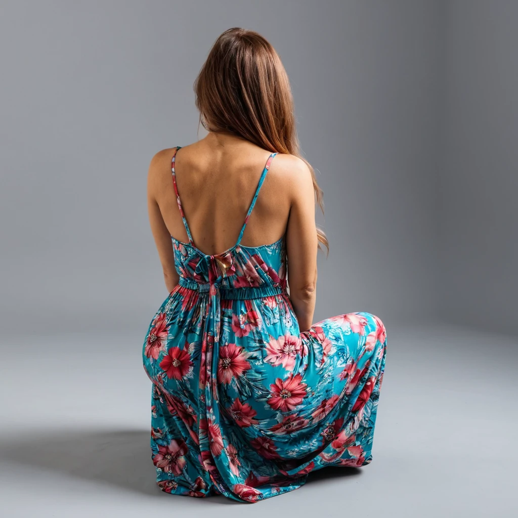  woman squatting in a maxi dress, top rear view angle 
