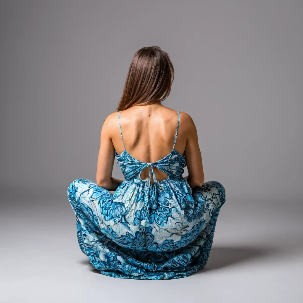 woman praying on her knees and hands in a maxi dress, rear view angle