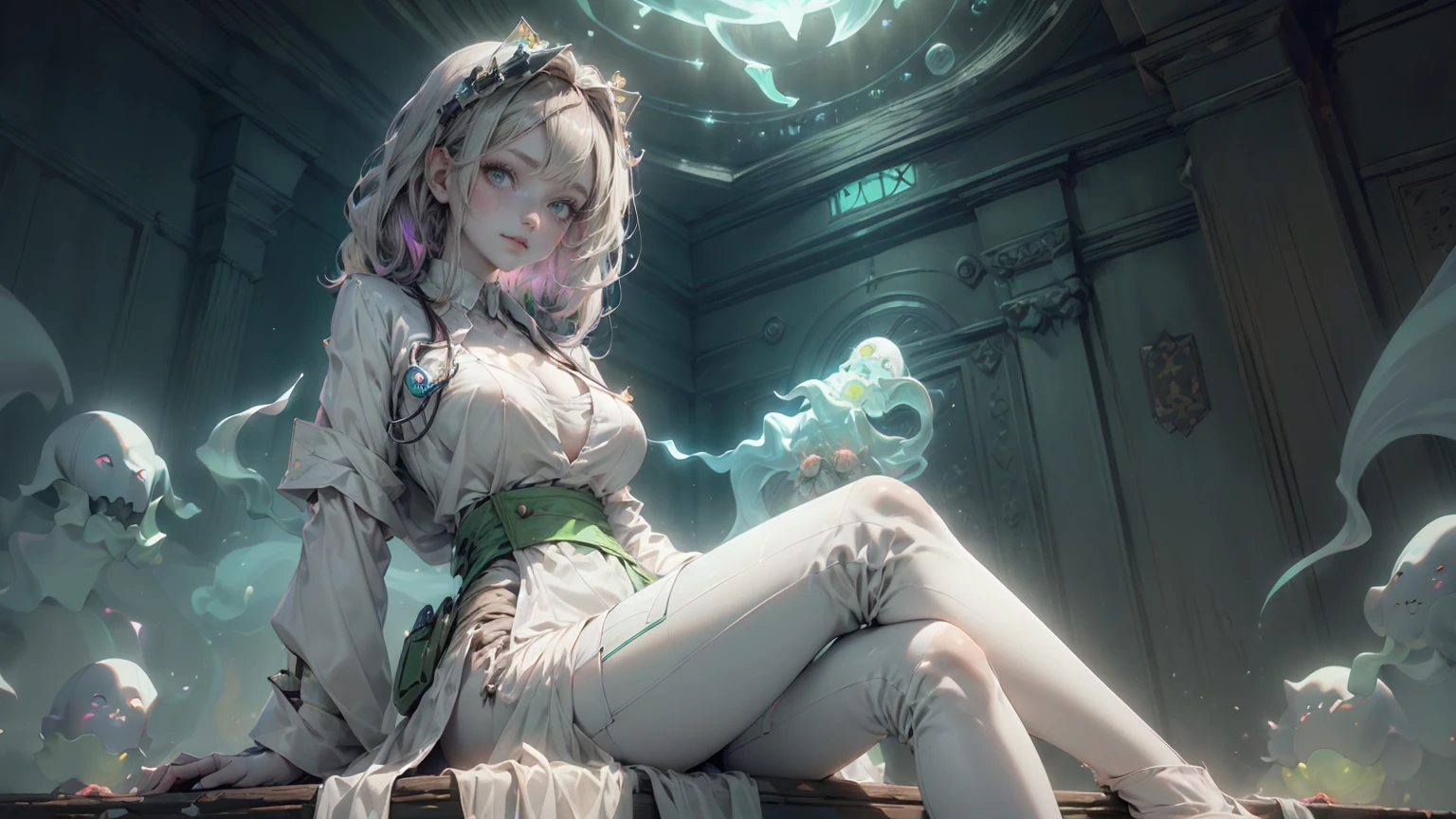 (ghosty:1.85) (doctor:1.5) (nurse:0.65) girl, (white doctor coat:1.4), (spirit, spiritual:1.2), 1girl, perfect and well designed glowing shiny eyes, (beautiful detailed eyes:1.05), natural medium breasts, slim body, beautiful and delicate cute face, (face detail), ((realistic face)), pores, ((pale grey skin)), detailed skin, realistic skin, (((bioluminescence))), ((shiny skin)), (multicolored gradation skin), (monster girl:1.25), human face, medium length hair, hair voluminous, (((((multicolored gradation hair))))), (dark-haired:1.75), super high resolution, 8k, parameters Best quality, (masterpiece:1.4), (magic accessories:1.4), bracelets, extremely detailed thick tight ((white:1.5), (green:1.2), (pink:0.5)) (medical uniform:1.5), (shirt:1.7), (pants:1.3), (standing nipples under cloth:1.3), (cameltoe:1.5), (neckline:1.3), (cleavage:1.4), (decolette:1.5), Young Girl, Little Beast, (Smile:0.9), (pale Skin:1.85), ultra detailed, photorealistic, ((Real image)), (best quality:1.4), super high resolution, (Realistic 2.0), More details, (((1girl))), {(medical ward:1.2)|(doctor office:1.2)}, (beautiful and aesthetic:1.2), (fractal art:1.4), (cinematic light:1.1), (DUTCH ANGLE:1.2), full body, 16K, HDR, RTX, Ray Tracing, Radiosity, Anisotropic Filtering, Subsurface Scattering, (((magic lights))), metallic reflections, Detailed, Realistic, 4k highly detailed digital art, (cool_color), extremely detailed CG unity 8k wallpaper, vibrant colors, (seductive sitting pose:1.6)