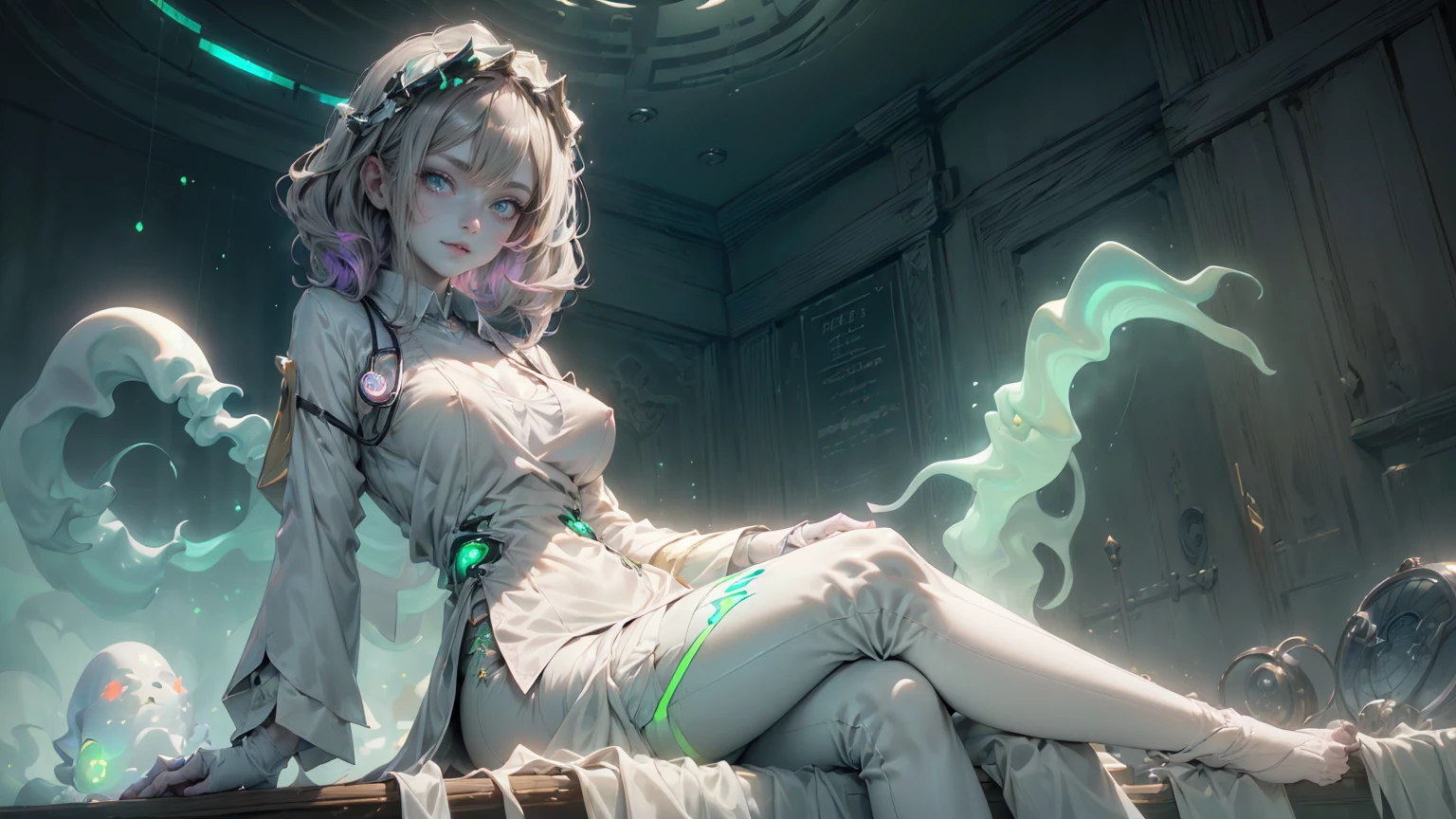 (ghosty:1.85) (doctor:1.5) (nurse:0.65) girl, (white doctor coat:1.4), (spirit, spiritual:1.2), 1girl, perfect and well designed glowing shiny eyes, (beautiful detailed eyes:1.05), natural medium breasts, slim body, beautiful and delicate cute face, (face detail), ((realistic face)), pores, ((pale grey skin)), detailed skin, realistic skin, (((bioluminescence))), ((shiny skin)), (multicolored gradation skin), (monster girl:1.25), human face, medium length hair, hair voluminous, (((((multicolored gradation hair))))), (dark-haired:1.75), super high resolution, 8k, parameters Best quality, (masterpiece:1.4), (magic accessories:1.4), bracelets, extremely detailed thick tight ((white:1.5), (green:1.2), (pink:0.5)) (medical uniform:1.5), (shirt:1.7), (pants:1.3), (standing nipples under cloth:1.3), (cameltoe:1.5), (neckline:1.3), (cleavage:1.4), (decolette:1.5), Young Girl, Little Beast, (Smile:0.9), (pale Skin:1.85), ultra detailed, photorealistic, ((Real image)), (best quality:1.4), super high resolution, (Realistic 2.0), More details, (((1girl))), {(medical ward:1.2)|(doctor office:1.2)}, (beautiful and aesthetic:1.2), (fractal art:1.4), (cinematic light:1.1), (DUTCH ANGLE:1.2), full body, 16K, HDR, RTX, Ray Tracing, Radiosity, Anisotropic Filtering, Subsurface Scattering, (((magic lights))), metallic reflections, Detailed, Realistic, 4k highly detailed digital art, (cool_color), extremely detailed CG unity 8k wallpaper, vibrant colors, (seductive sitting pose:1.6)