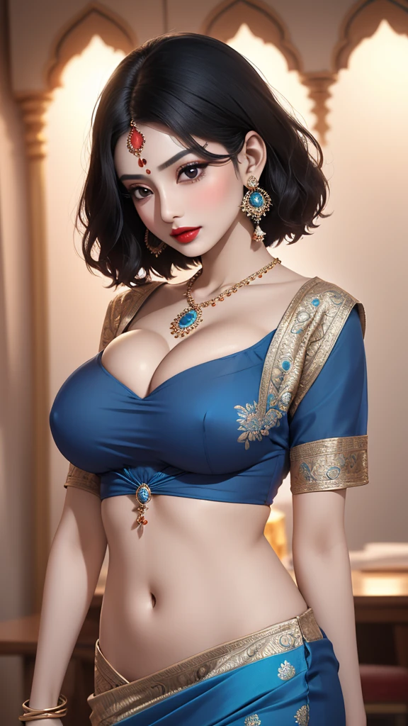 Hot beautiful goddess,face makeup, perfect face,big breasts,big circle jhumki earrings,long earrings,sharp jawline, lipstick ,short hair, shiny hair, blue saree, cleavage,navel,thin body, tall ,printed blouse