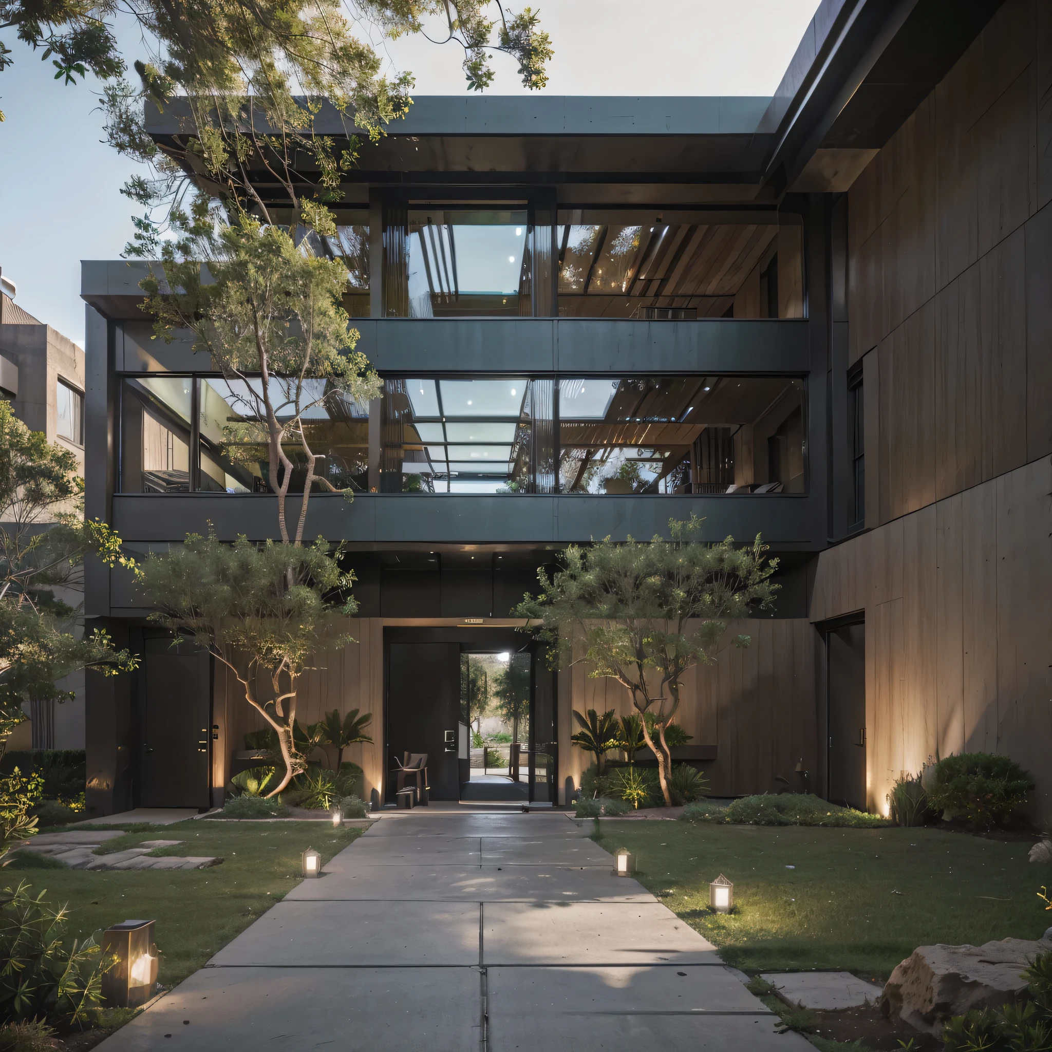 office building, (view from the street to the cave: 1.2), climbing plants, surrounding green trees, cool weather, modern style bedroom, large glass doors, (thermal landscape fragrant),