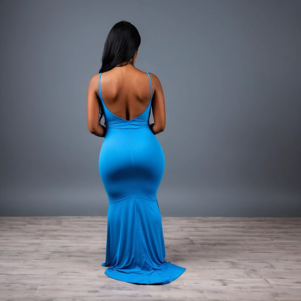 woman praying on her knees and hands in a maxi bodycon dress, rear view angle