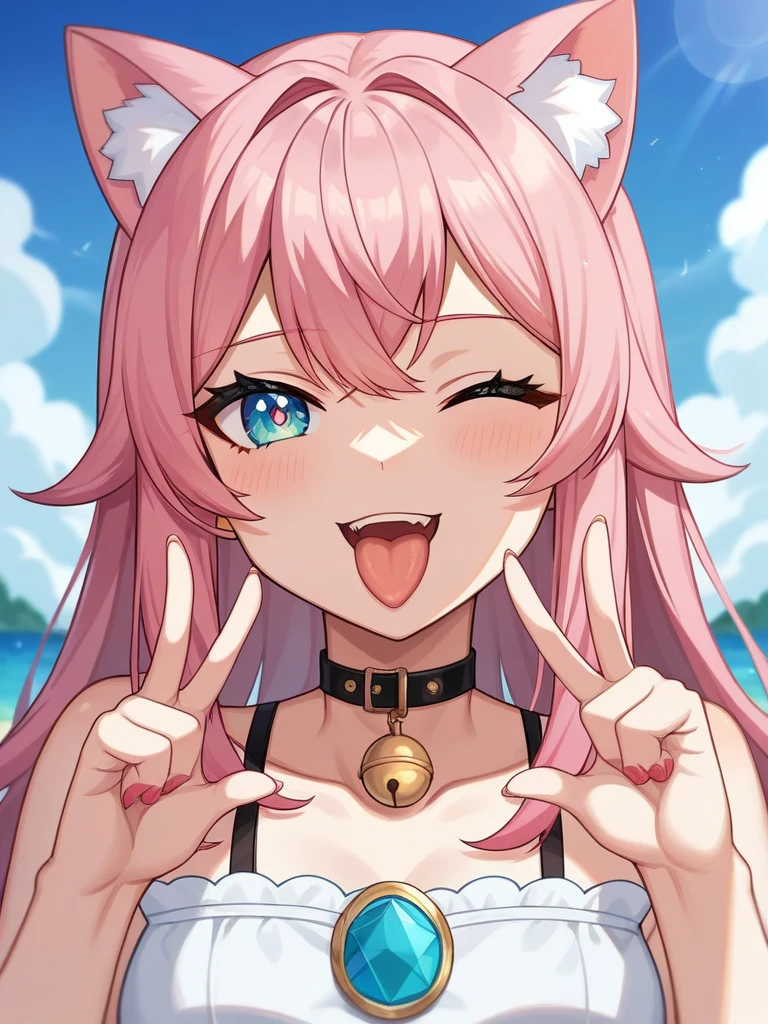 Adult, Female, long pink hair, oceanic eyes, winking, tongue out, vtuber, otaku bedroom, Masterpiece, Accurate, Anatomically Correct, Best Quality, High Details, Detail, Super Detailed, Best detail, Perfect detail, Amazing detail, [-3, 3], perfect fingers, perfect body, best body, amazing body, Looking at viewer, front facing, upper body shot, Cat Ears, Close-Up, 