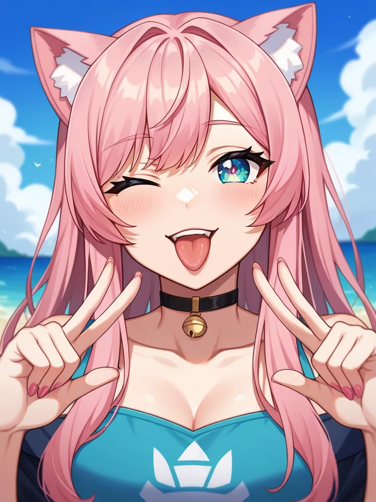 Adult, Female, long pink hair, oceanic eyes, winking, tongue out, vtuber, otaku bedroom, Masterpiece, Accurate, Anatomically Correct, Best Quality, High Details, Detail, Super Detailed, Best detail, Perfect detail, Amazing detail, [-3, 3], perfect fingers, perfect body, best body, amazing body, Looking at viewer, front facing, upper body shot, Cat Ears, Close-Up, 