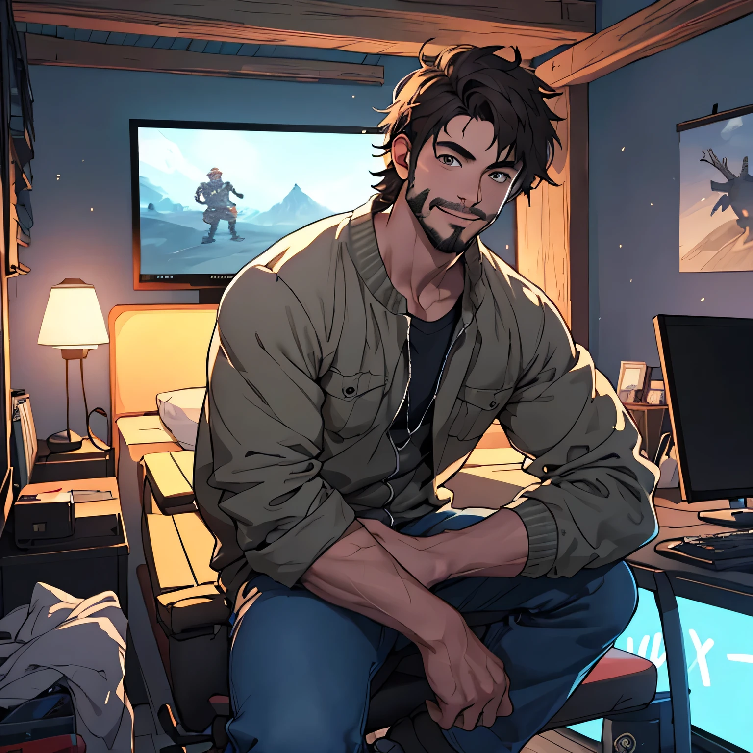 Draw a young youtuber, sitting on a platform floating in the middle of a gaming bedroom. he is looking straight ,facial hair, cowboy shot,