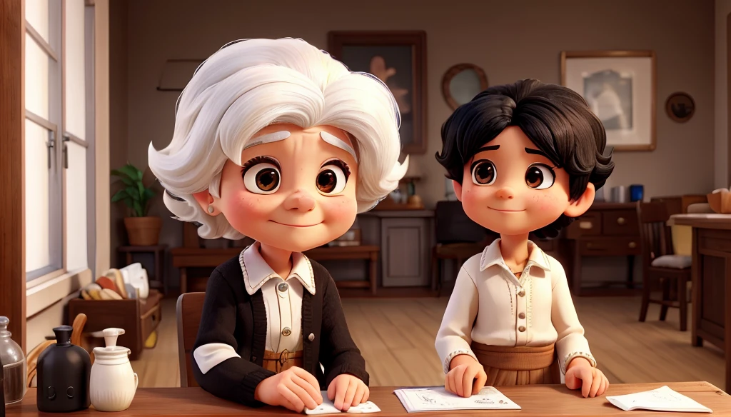 white hair old lady give money to black hair small young boy