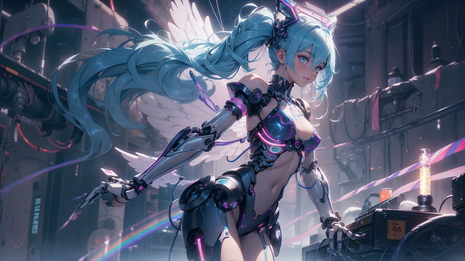 (quality)), ((masterpiece)), Recommended results、Puffy nipples、(see through:1.5)、straighten your back、abdominal muscles、huge bust、angle to floor:1.2、low camera angle、Hair loss on crotch，hatsune miku，super detailed)), (Very detailed CG illustrations), ((extremely delicate and beautiful)),(1Mechanical Girl)),alone,whole body,(Machine made joints:1.2),((mechanical limbs)),(Flashing blood vessel points connected to tubes),(Mechanical vertebrae attached to the back，with flowing glitter.),((Flowing rainbow fixed around neck)),poker face,(wires and cables attaching to neck:1.2),(Rainbow wires and cables on the head:1.2)(Character focus),,Very detailed,rich and colorful,most detailed，angel，Wings stretched out from behind