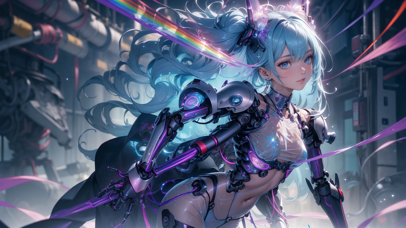 (quality)), ((masterpiece)), Recommended results、Puffy nipples、(see through:1.5)、straighten your back、abdominal muscles、huge bust、angle to floor:1.2、low camera angle、Hair loss on crotch,hatsune miku,super detailed)), (Very detailed CG illustrations), ((extremely delicate and beautiful)),(1Mechanical Girl)),alone,whole body,(Machine made joints:1.2),((mechanical limbs)),(Flashing blood vessel points connected to tubes),(Mechanical vertebrae attached to the back,with flowing glitter.),((Flowing rainbow fixed around neck)),poker face,(wires and cables attaching to neck:1.2),(Rainbow wires and cables on the head:1.2)(Character focus),,Very detailed,rich and colorful,most detailed,angel,Wings stretched out from behind