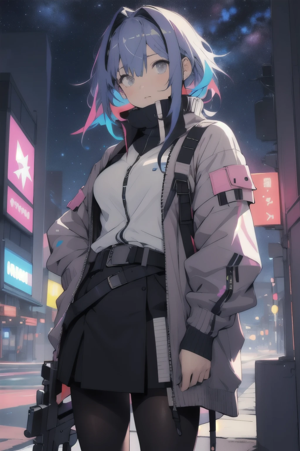 portrait, 1 girl, Pretty Face, Asymmetrical hair, Multi-colored hair, belt, Tights, Cover your mouth, whole body, Separate sleeves, Gray eyes, - Hip vents, Armed with a gun, Cardigan jacket, Lovely, View Viewer, Starry Sky, neon,