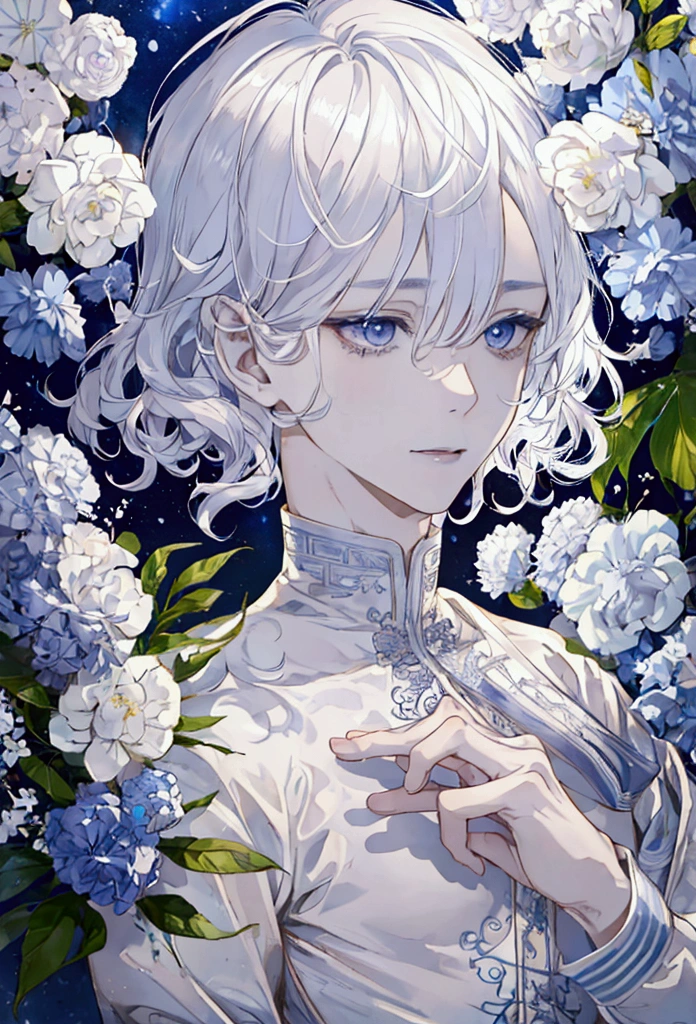 Naked Male, Curly like white hair, medium length,               periwinkle eyes, twink like build, porcelain    like skin