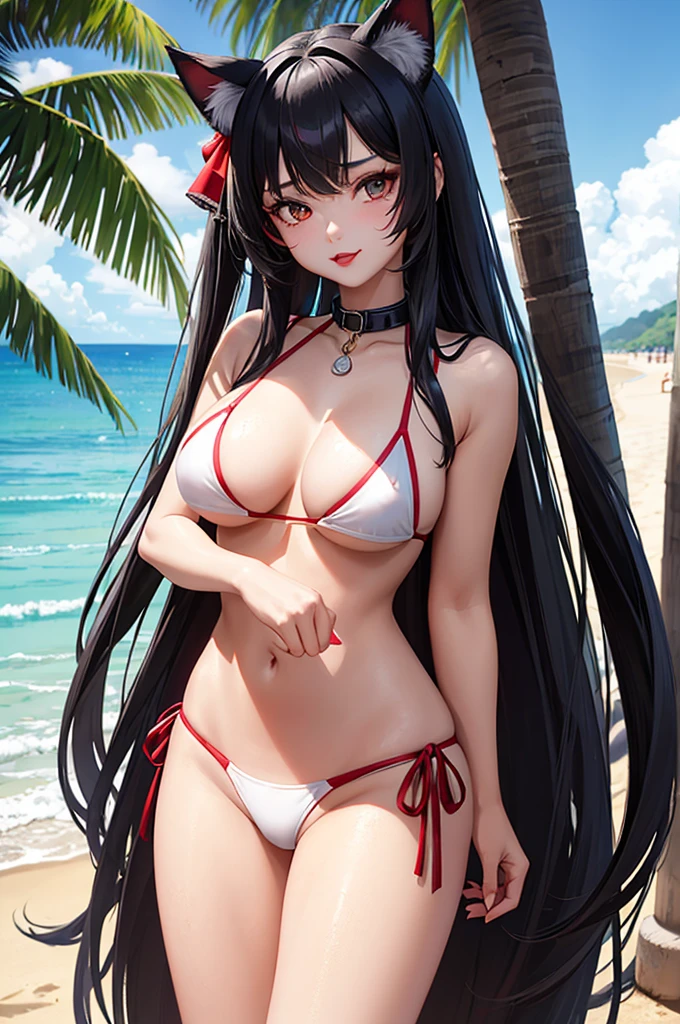 Detailed facial details，，1 girl，Red lips，Cat ear，Black long hair，Wearing a pure white bikini，Large Breasts，Slim，Collar，Radiant Skin，坐在Beach椅上，Beach，coconut tree，beach