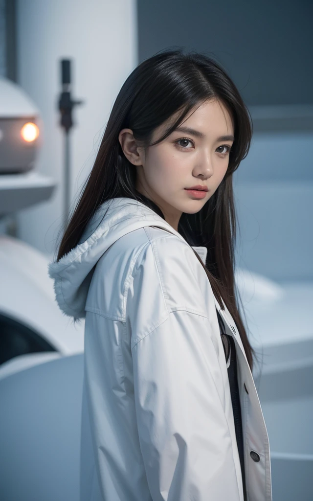 high resolution，High-resolution details，Ringworld,Science Fiction小说,Science Fiction,artillery,Long-range missiles,Adapted from《base》 ,Miss,aldult,main character,28 years old,Hopeful faces,Brown eyes,Short hairstyle,Black hair with white and gray,Home,White Researcher Coat,Open grassland,Rebellious,confusion的,future world,Socialist World,snow,confusion