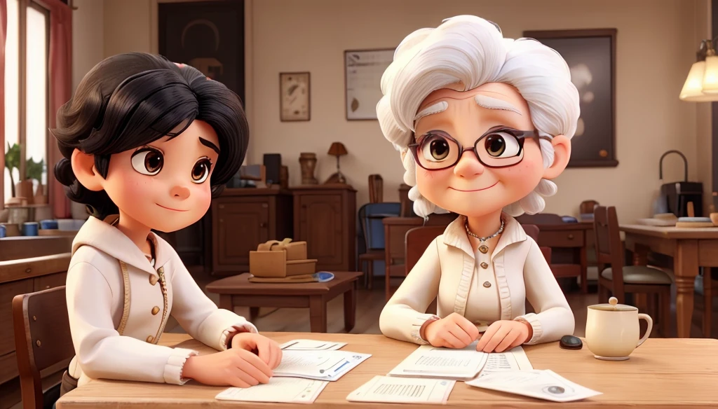 white hair old lady give money to black hair small young boy