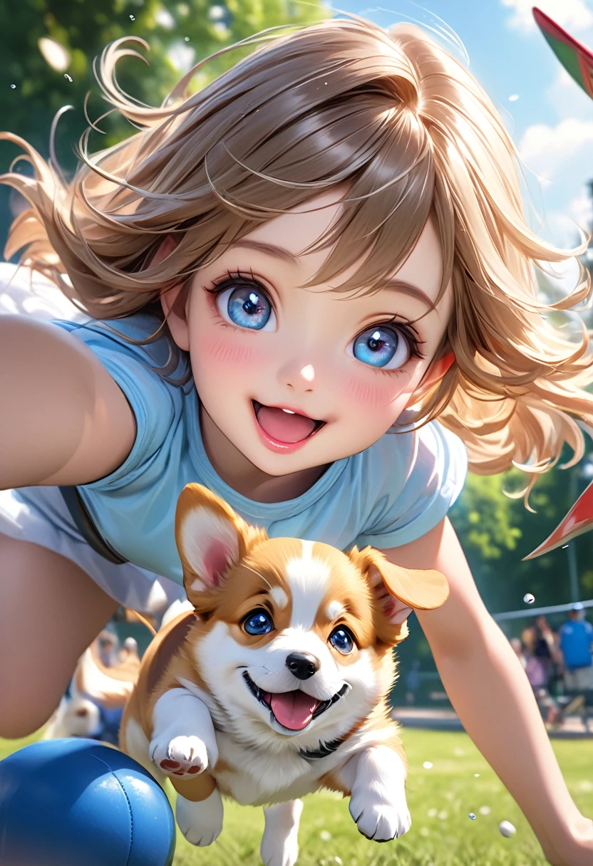 Puppy and cute girl, cute Welsh Corgi puppy, puppy dynamically flying high towards the girl at the dog park, beautiful and stunning flight form, fun and happy expression, bright eyes, sparkling pupils, detailed face, detailed eyes, detailed lips, highly detailed, photorealistic, 8K, masterpiece, ultra-realistic, photorealistic:1.37, HDR, UHD, highres, beautiful fur textures, playful expressions, vibrant colors, natural light, depth of field, action shots