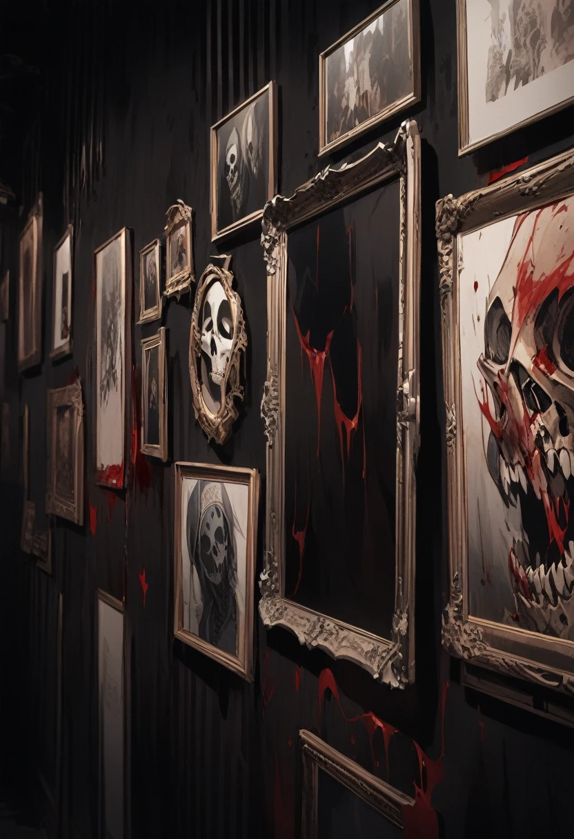 Dark room, picture on the wall, blood, Arabic, skeletal face