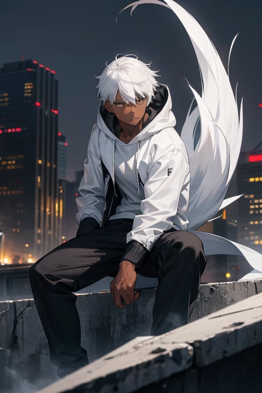 White hair, dark-skinned male, gray eyes, white hooded jacket, black shirt, black pants, city background with the title "Deamon-Warrior