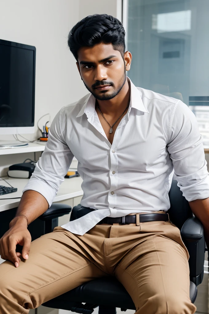 A 30 year old indian man, casual outfit, office setting, realistic