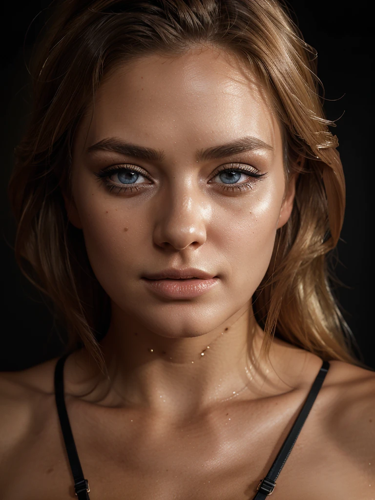 a blonde woman wearing sexy lingerie with shoulder strap and harness, bra and thong, beautiful detailed eyes, beautiful detailed lips, extremely detailed eyes and face, long eyelashes, photorealistic, 8k, high quality, hyper detailed, studio lighting, professional, realistic skin, complex folds and wrinkles, intricate details, dramatic lighting, cinematic composition, dramatic contrast, rich colors, glowing skin, volumetric lighting, elegant pose