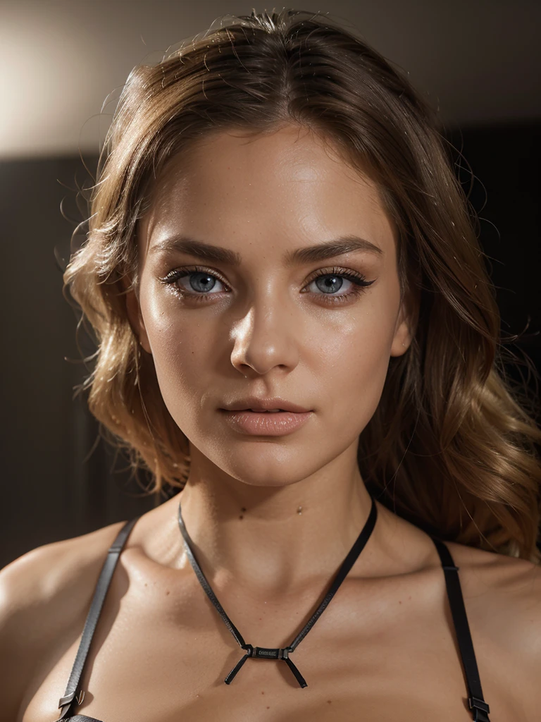a blonde woman wearing sexy lingerie with shoulder strap and harness, bra and thong, beautiful detailed eyes, beautiful detailed lips, extremely detailed eyes and face, long eyelashes, photorealistic, 8k, high quality, hyper detailed, studio lighting, professional, realistic skin, complex folds and wrinkles, intricate details, dramatic lighting, cinematic composition, dramatic contrast, rich colors, glowing skin, volumetric lighting, elegant pose